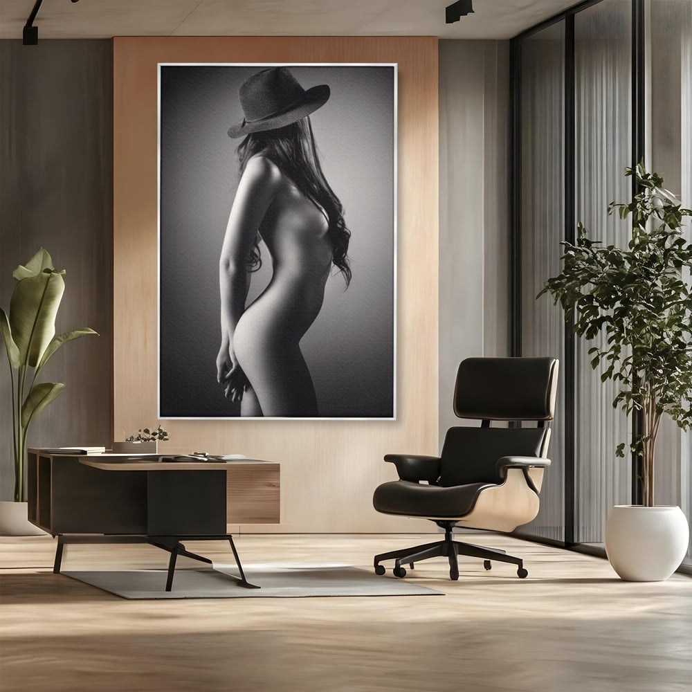 Tablou canvas cu tablou canvas cu silueta de femeie, in rama de aluminiu argintiu, pe perete intr-un birou